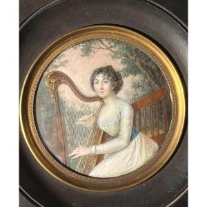 Portrait En Miniature d'Une Jeune Aristocrate à La Harpe, époque Directoire