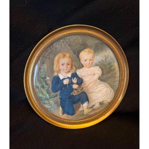 Miniature Portrait Of Two Children In Bucolic Landscape, Early 19th Century