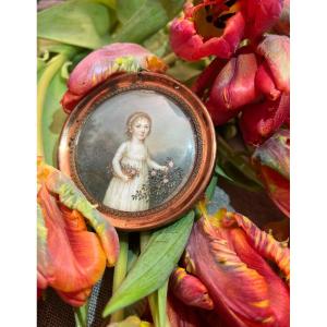 Miniature : Portrait d'Une Jeune Fille Au Panier De Fleurs, Début XIXe Siècle