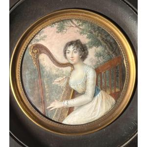 Portrait En Miniature d'Une Jeune Aristocrate à La Harpe, époque Directoire