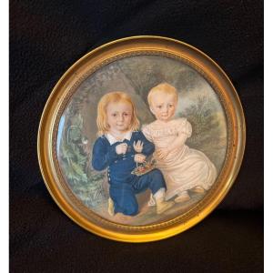 Miniature Portrait De Deux Enfants Dans Le Paysage Bucolique, Début XIXe Siècle