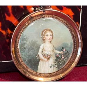 Miniature : Portrait d'Une Jeune Fille Au Panier De Fleurs, Début XIXe Siècle