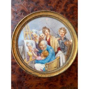 Famille Dans l'Atelier d'Artiste, Miniature d'Après Louis-léopold Boilly, XIXème Siècle