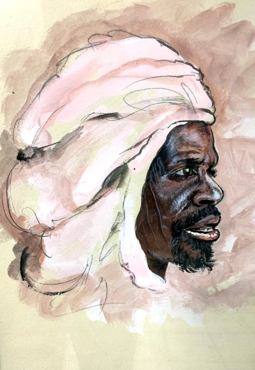 Orientalist Watercolor "young Man With A Turban"-photo-2