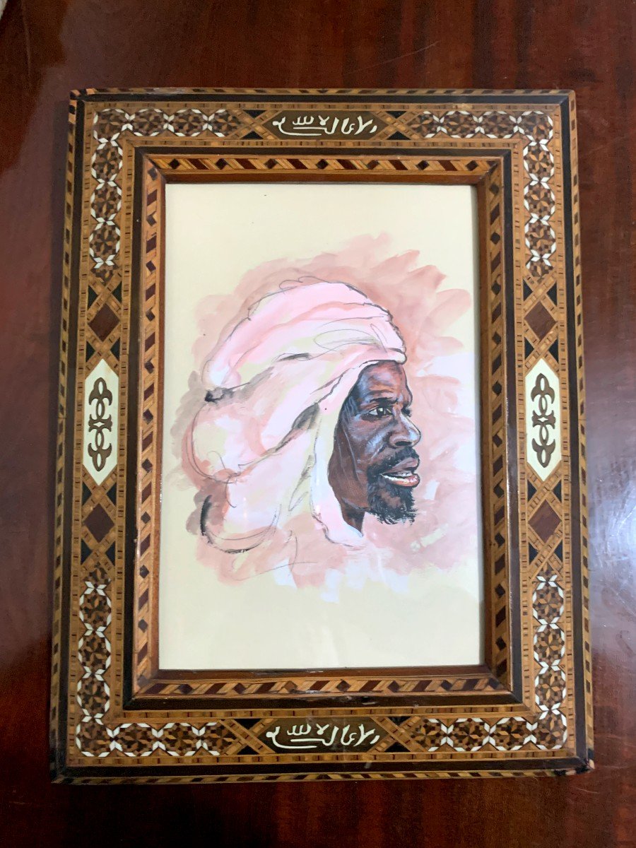 Orientalist Watercolor "young Man With A Turban"-photo-4