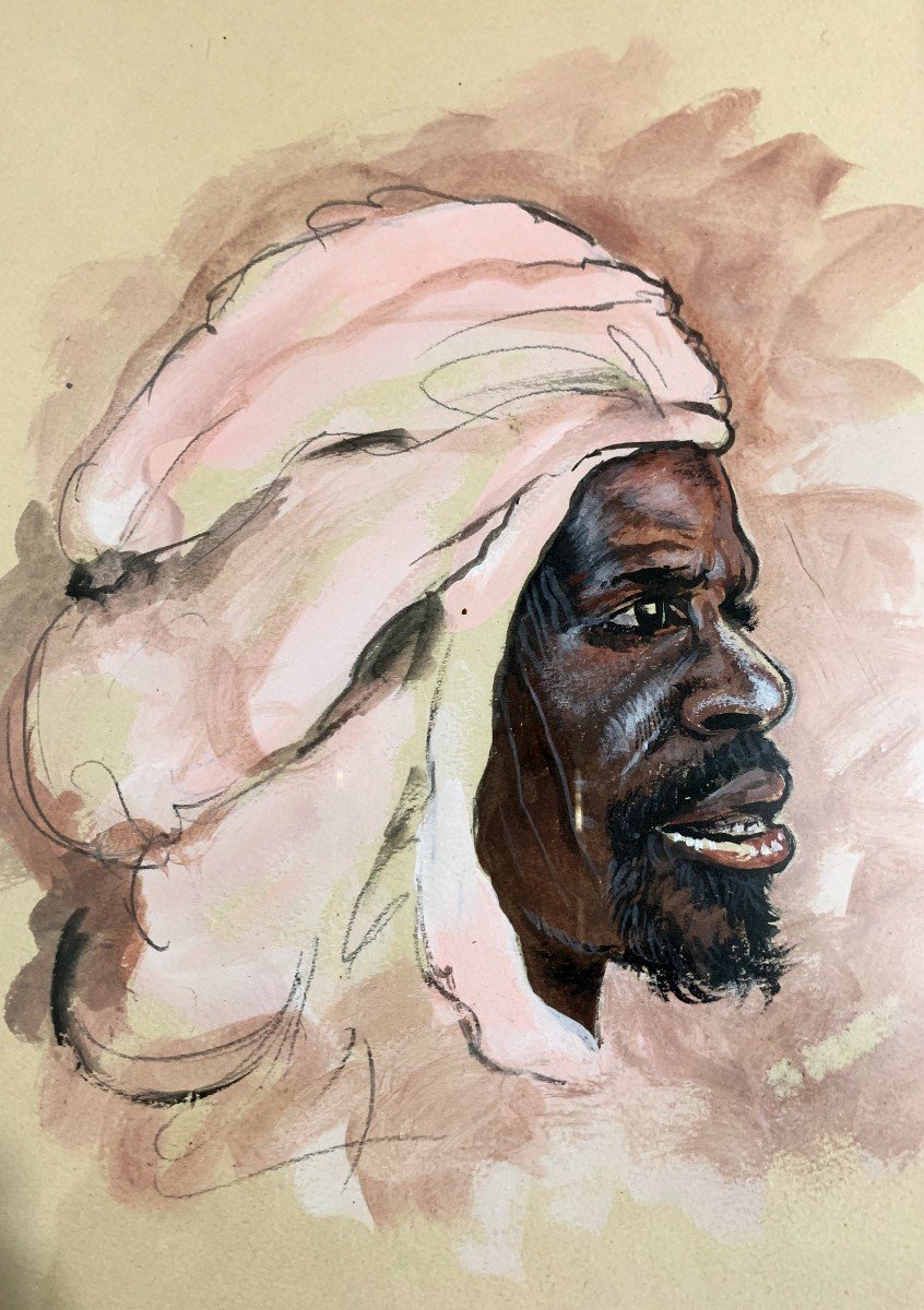 Orientalist Watercolor "young Man With A Turban"-photo-4