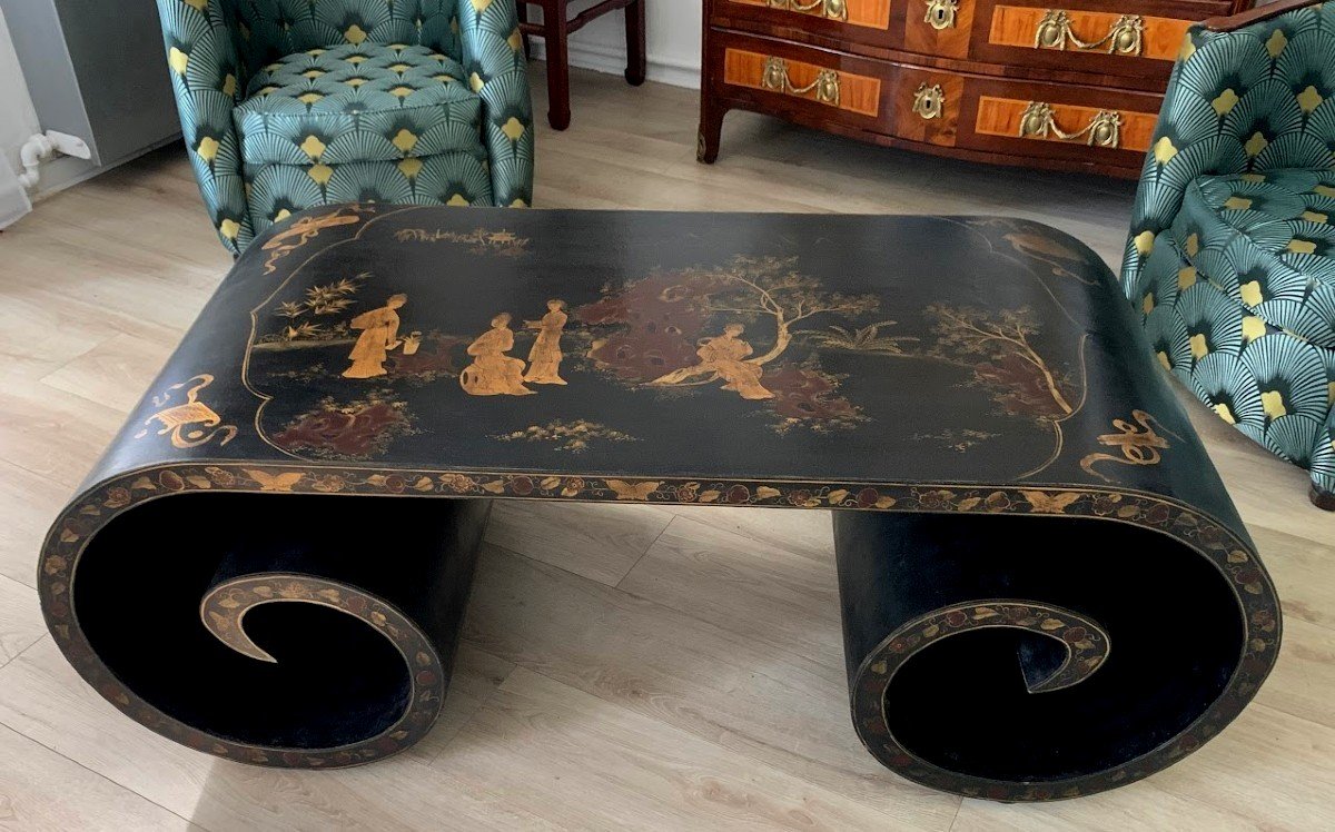 Table Basse De Lettré  à Rouleaux En Laque Noire Et Or Chine 