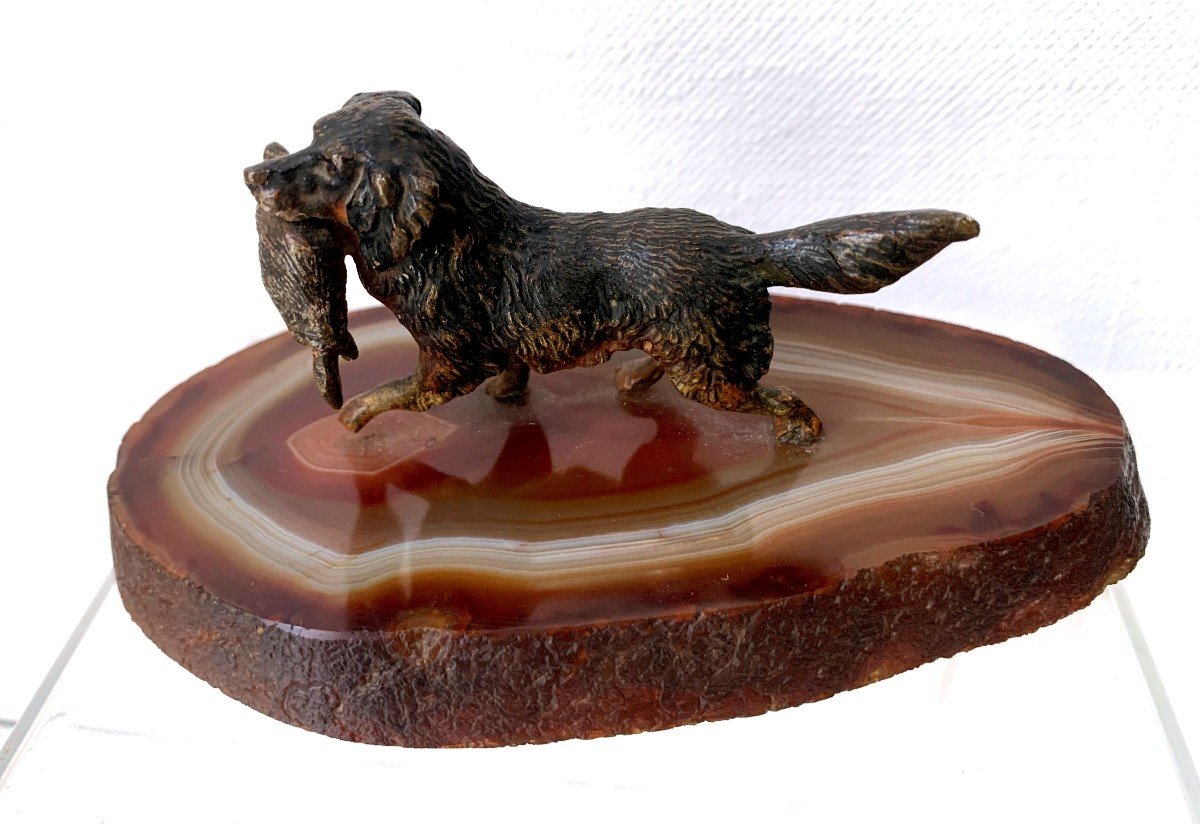 Bronze De Vienne Polychrome Chien Rapportant Un Lièvre Sur Agate-photo-2