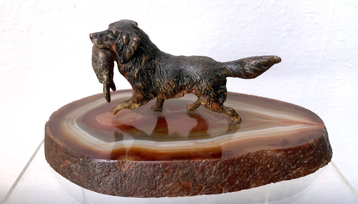 Bronze De Vienne Polychrome Chien Rapportant Un Lièvre Sur Agate