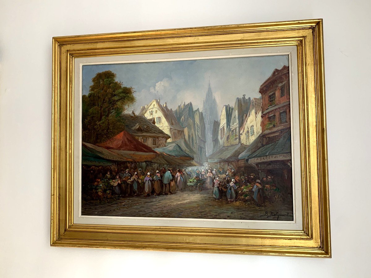 B. Baliquant Huile Sur Toile " Scène De Marché Animée " -photo-2