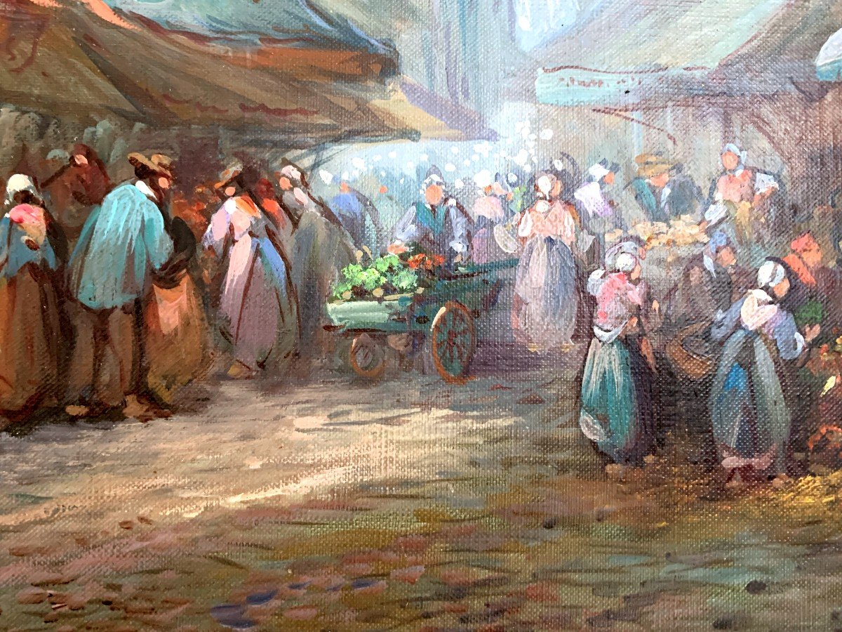 B. Baliquant Huile Sur Toile " Scène De Marché Animée " -photo-4