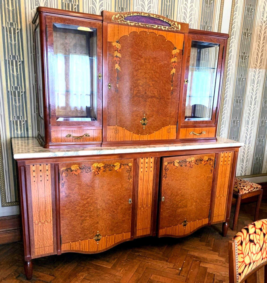 Buffet Art Déco Marqueterie Bois, Nacre, Pâte De Verre Et Bronze