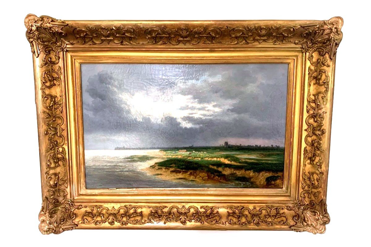 Eugène Stanislas Thierrée Oil On Canvas "coastal Landscape"-photo-3