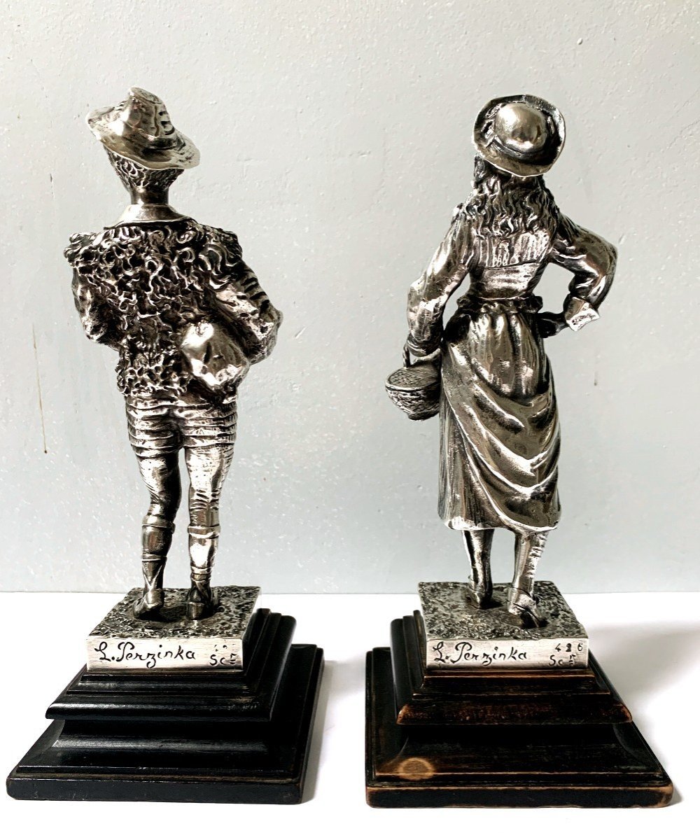  Pair Of Romantic Figures In Silvered Bronze By Léon Perzinka.-photo-4