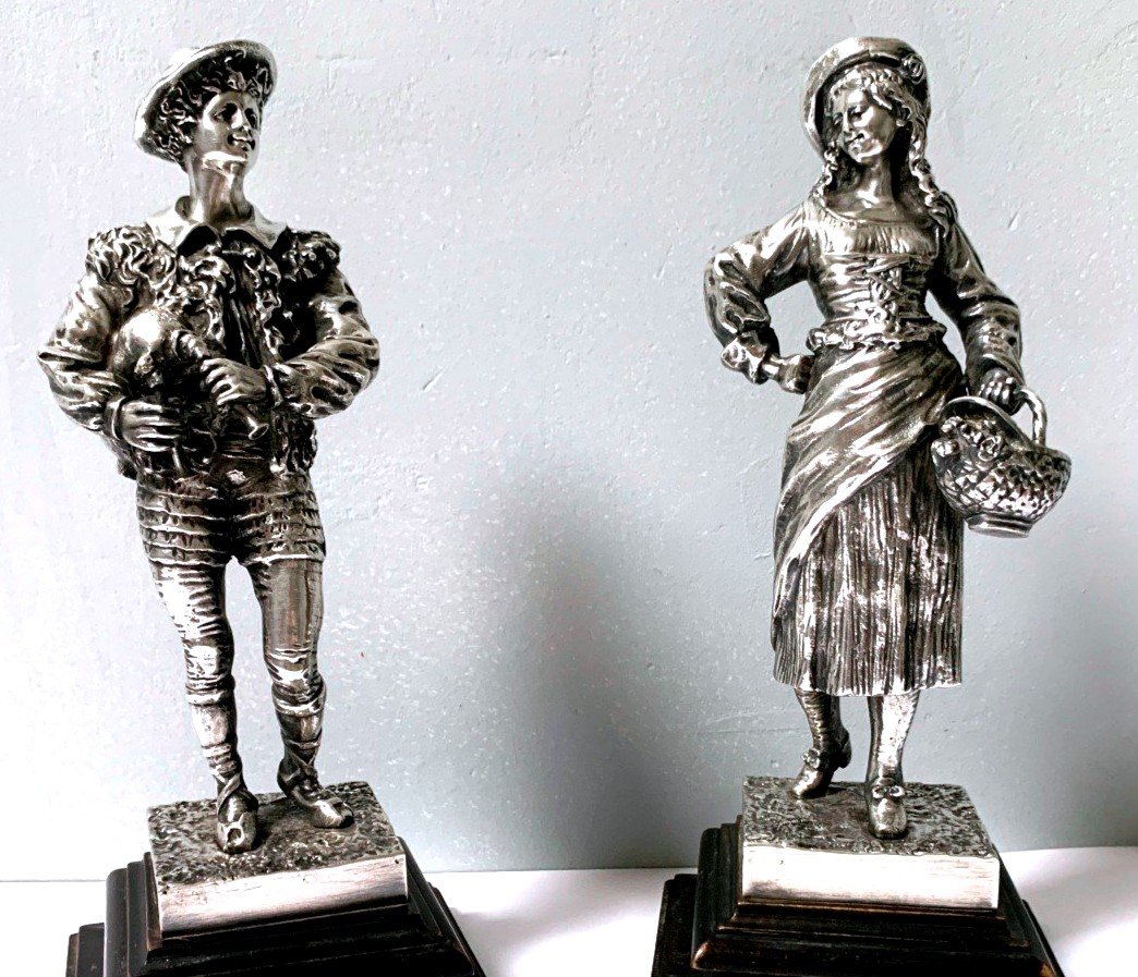  Pair Of Romantic Figures In Silvered Bronze By Léon Perzinka.-photo-3