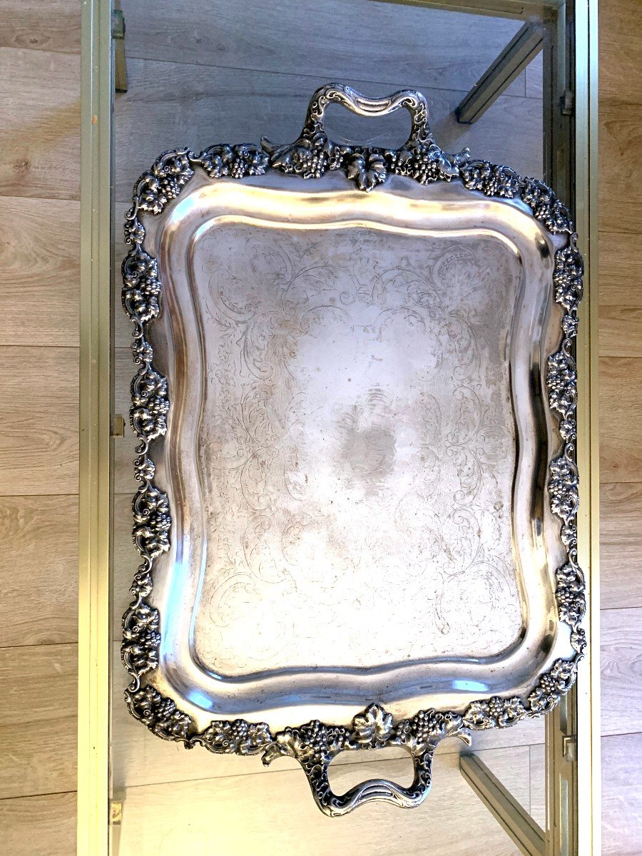 Large Silver Metal Serving Tray With Grape Decor-photo-2