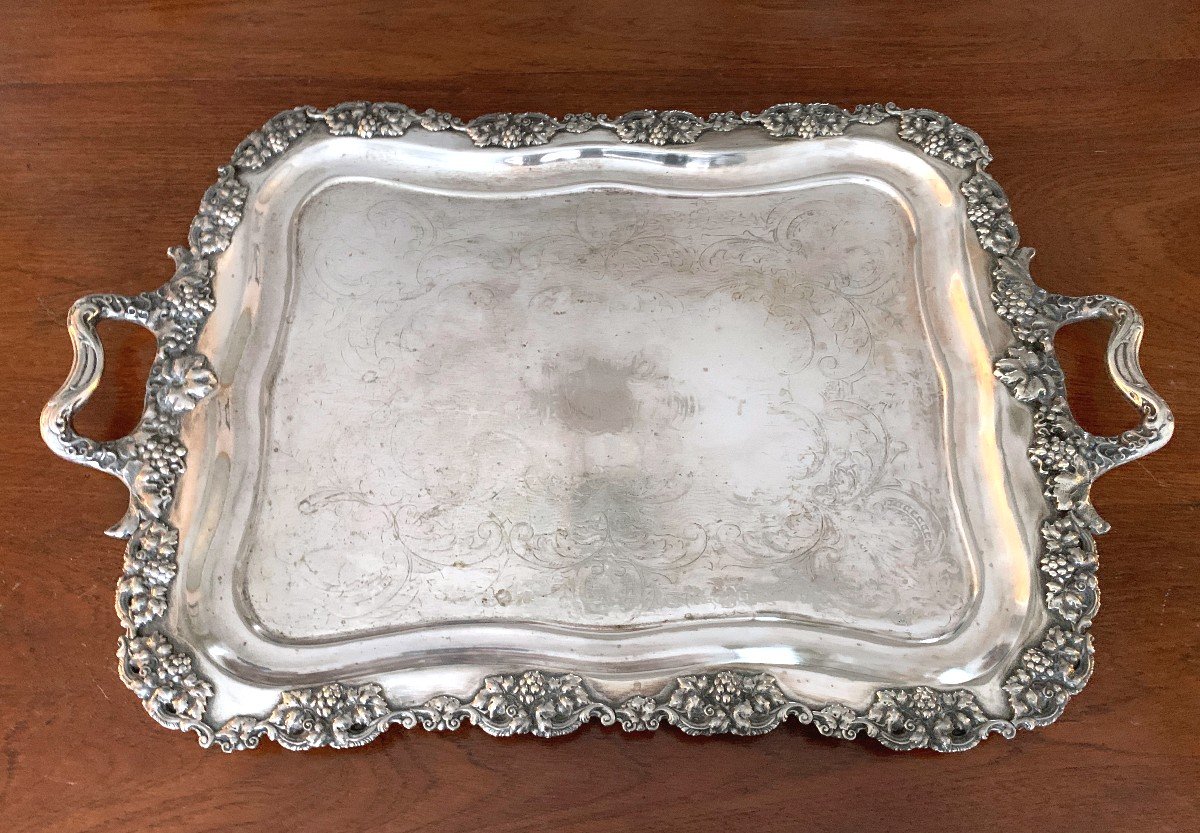 Large Silver Metal Serving Tray With Grape Decor-photo-3