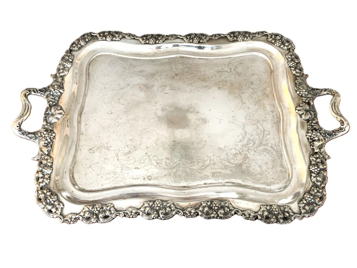 Large Silver Metal Serving Tray With Grape Decor