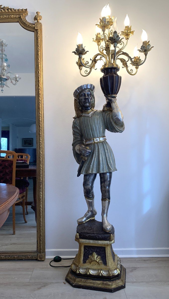 Venetian Character Torchiere Floor Lamp In Polychrome Silver Wood.-photo-3