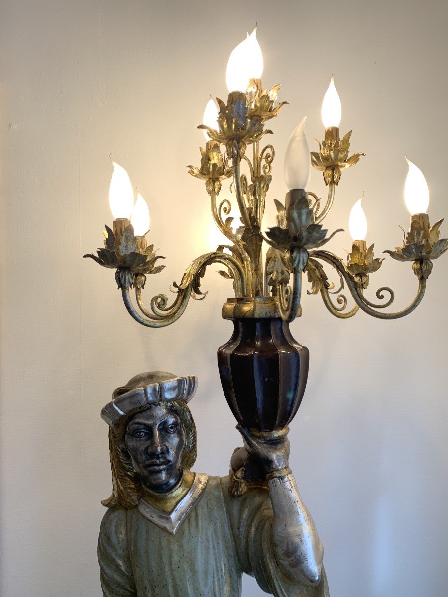 Venetian Character Torchiere Floor Lamp In Polychrome Silver Wood.-photo-4