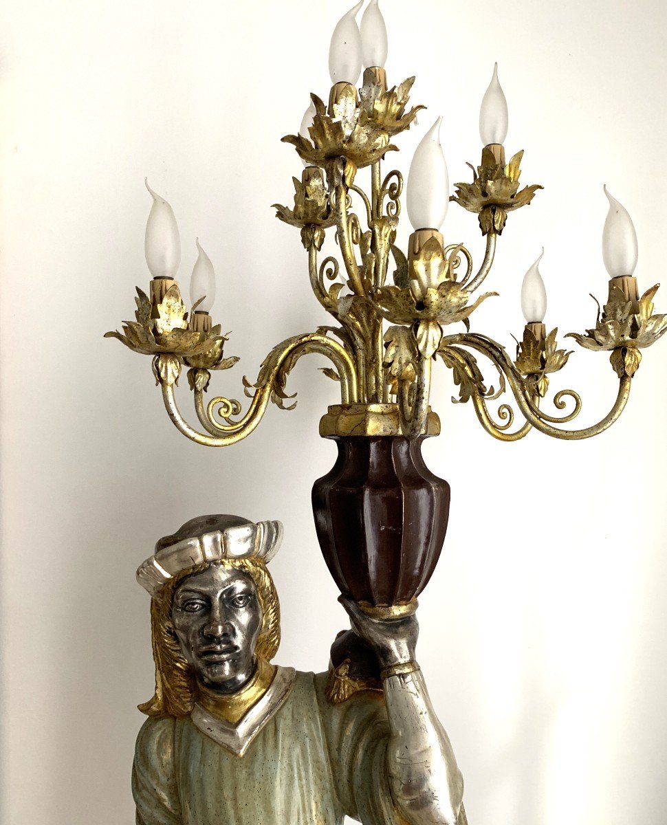 Venetian Character Torchiere Floor Lamp In Polychrome Silver Wood.-photo-1