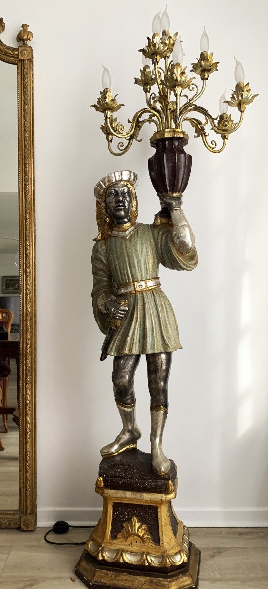 Venetian Character Torchiere Floor Lamp In Polychrome Silver Wood.-photo-2