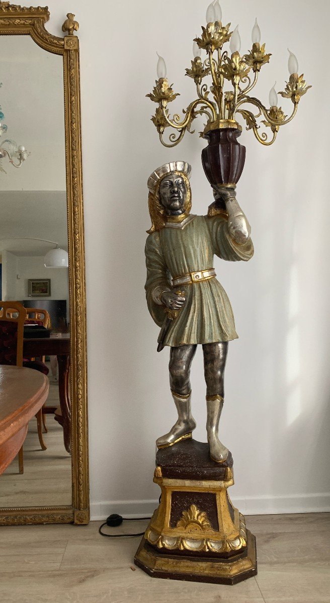 Venetian Character Torchiere Floor Lamp In Polychrome Silver Wood.