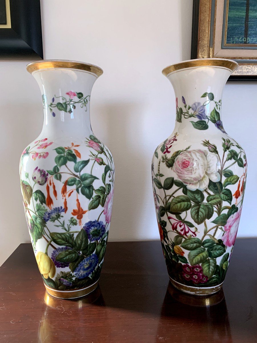 Paire De Vases Botaniques En Porcelaine De Paris