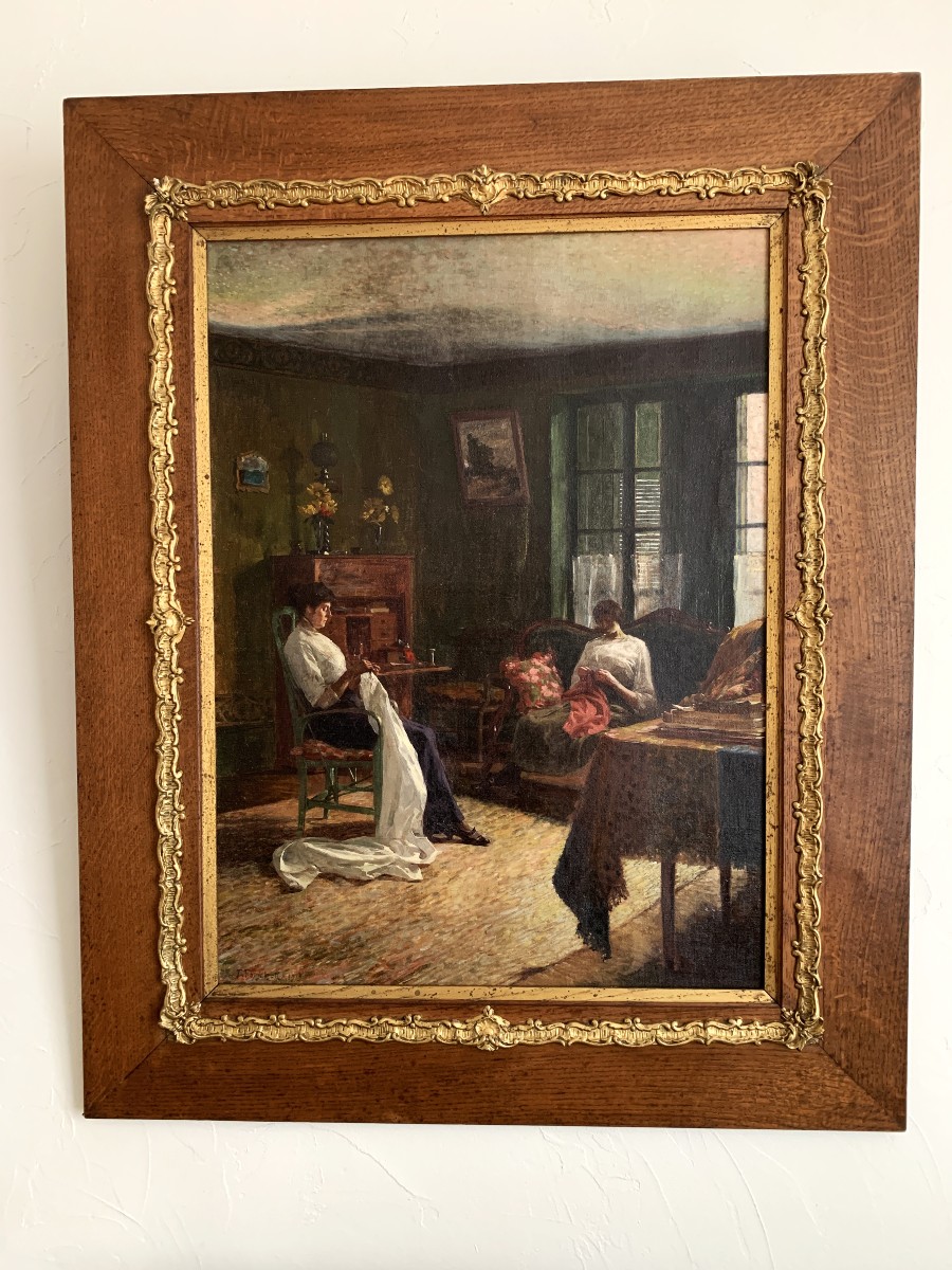 Peinture  François Forichon école Impressionniste ( 1865-1952) Scène d'Intérieur. -photo-3