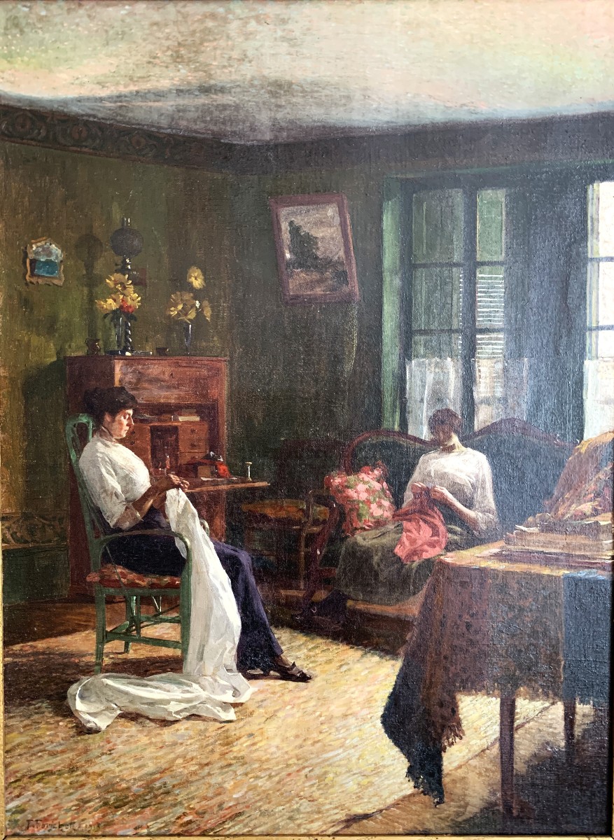 Peinture  François Forichon école Impressionniste ( 1865-1952) Scène d'Intérieur. -photo-2