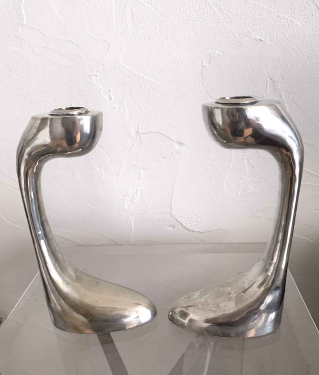 Pair Of Silver Metal Designer Candlesticks -photo-2