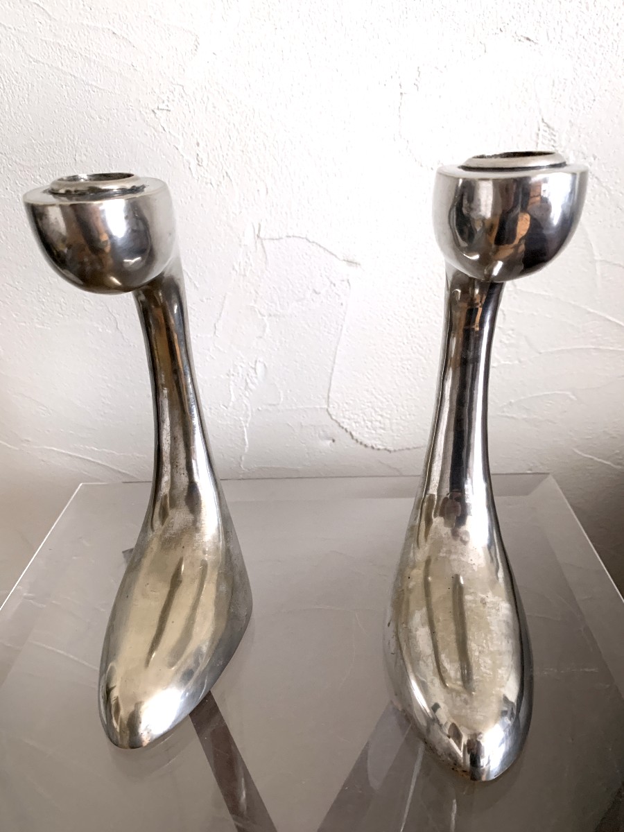 Pair Of Silver Metal Designer Candlesticks -photo-3