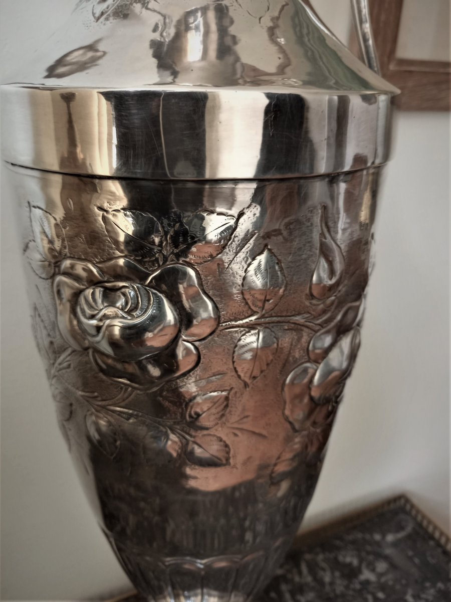 Large Art Deco Vase In Silver Metal-photo-2