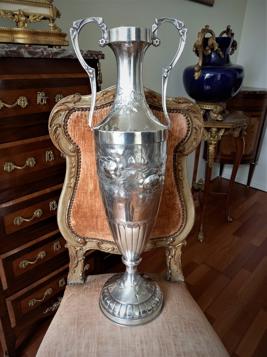Large Art Deco Vase In Silver Metal-photo-3