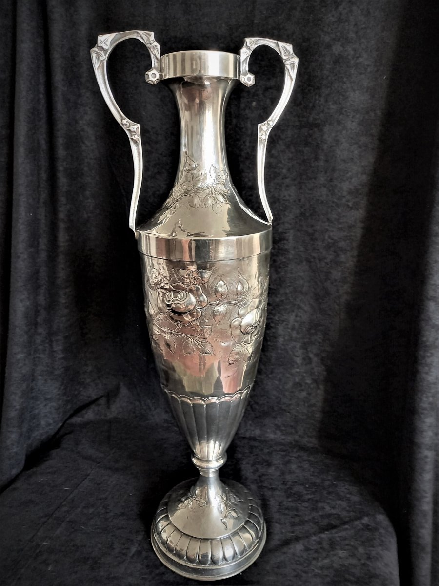 Large Art Deco Vase In Silver Metal-photo-2