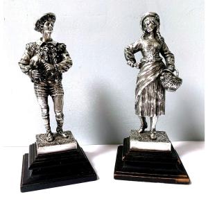  Pair Of Romantic Figures In Silvered Bronze By Léon Perzinka.