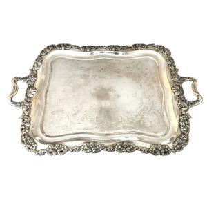 Large Silver Metal Serving Tray With Grape Decor