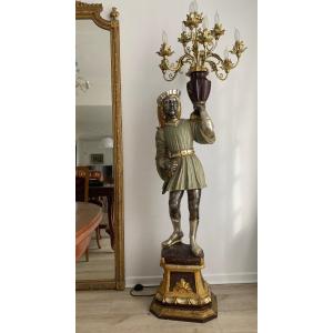 Venetian Character Torchiere Floor Lamp In Polychrome Silver Wood.