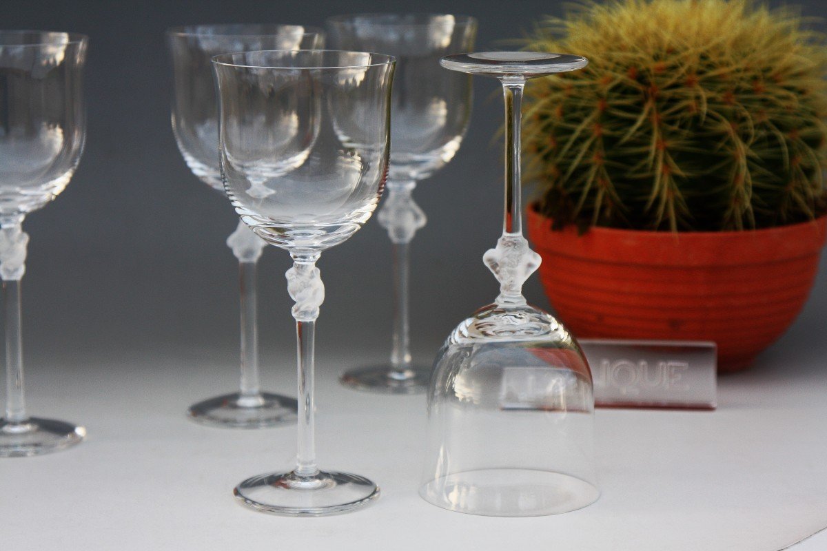 Set Of 6 Burgundy Wine Glasses In Lalique Crystal, Roxane Model-photo-2