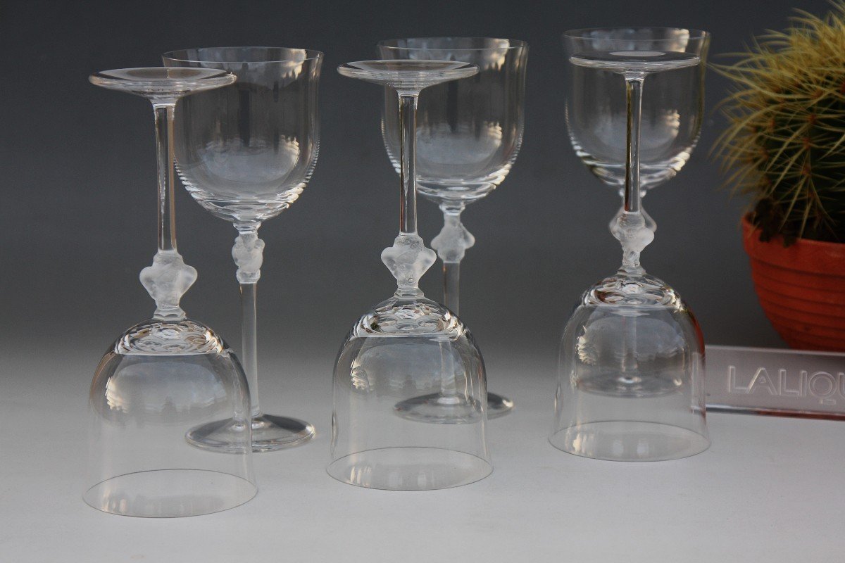 Set Of 6 Burgundy Wine Glasses In Lalique Crystal, Roxane Model-photo-5