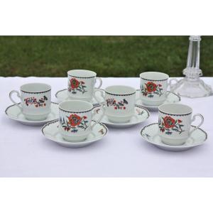 Set Of 6 Haviland Porcelain Tea Cups And Saucers, "a La Grenade" Model