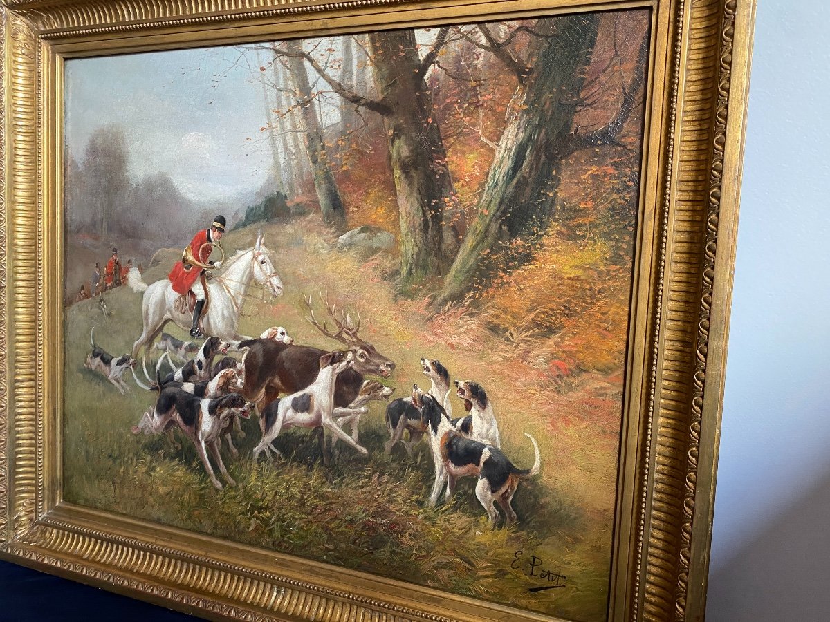 Hunting Painting, XIXth Century, Oil On Canvas Signed Eugène Petit (1838-1886)-photo-3