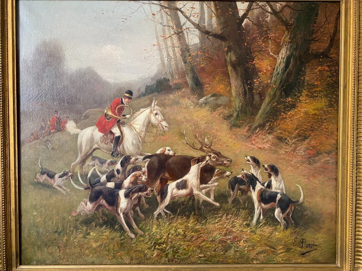 Hunting Painting, XIXth Century, Oil On Canvas Signed Eugène Petit (1838-1886)-photo-4