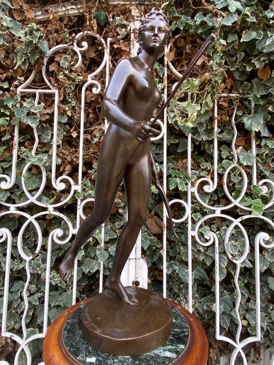 Grand Sujet Féminin En Bronze XIXème "Diane Chasseresse" signé Houdon, F. Barbedienne fondeur-photo-3