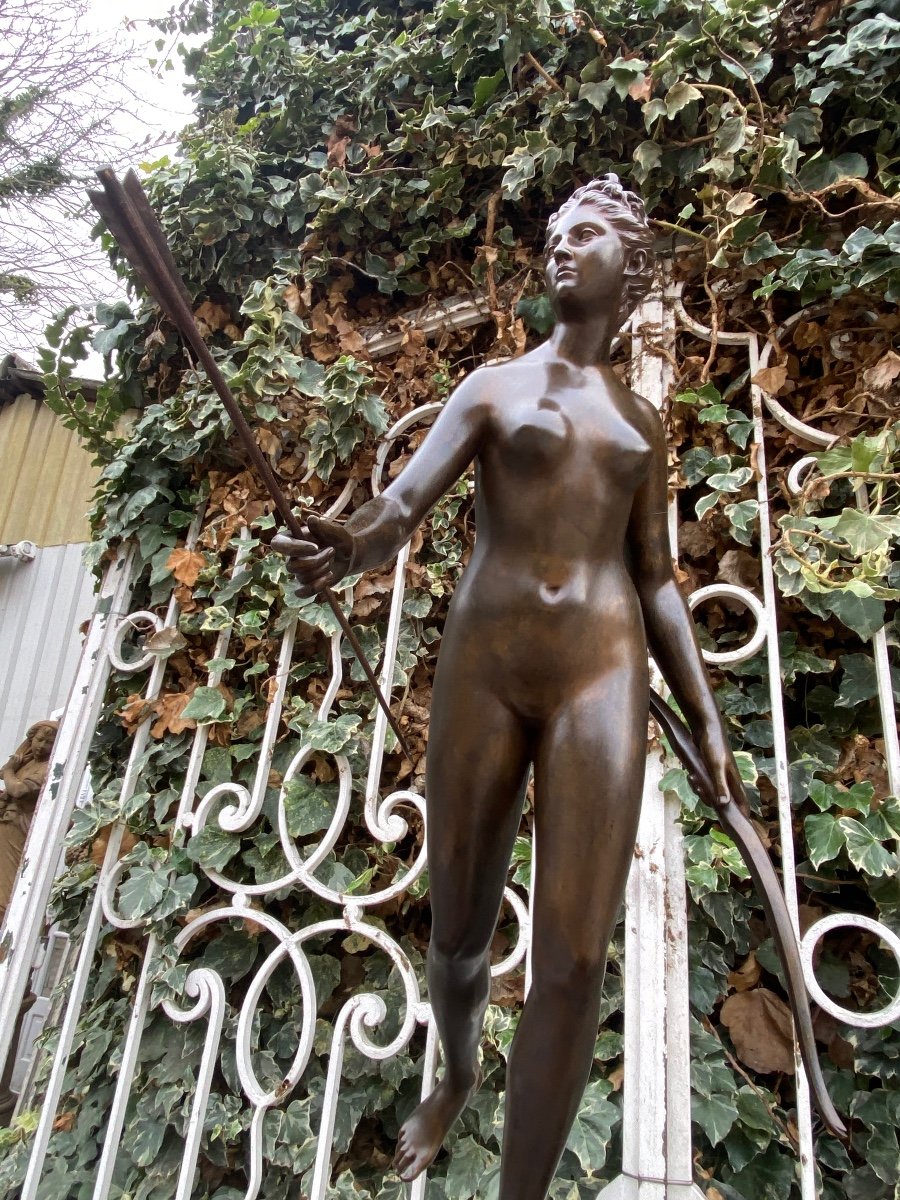 Large Female Subject In 19th Century Bronze "diane Chasseresse" Signed Houdon, F. Barbedienne Foundry-photo-4