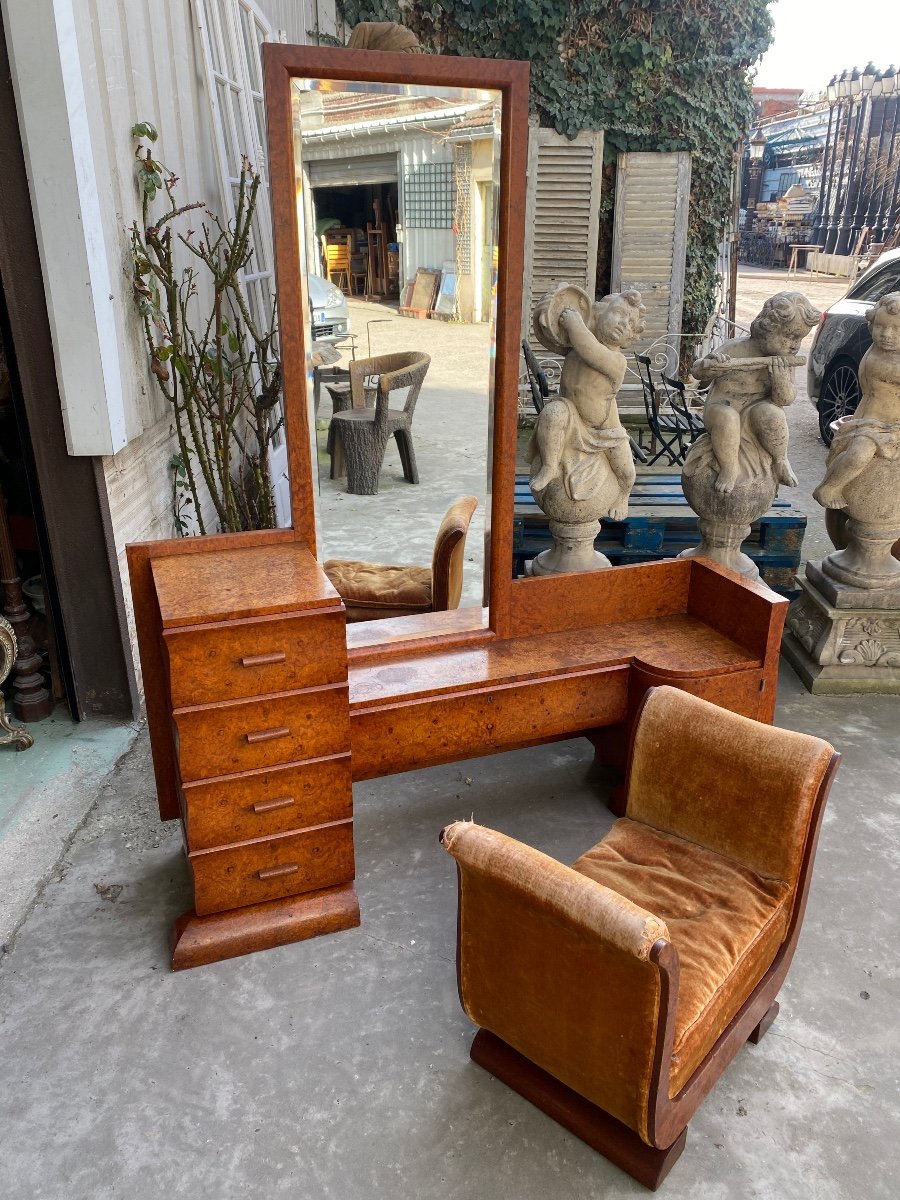 Coiffeuse Et Banquette D’époque Art Déco 1930, En Loupe D’amboine -photo-2