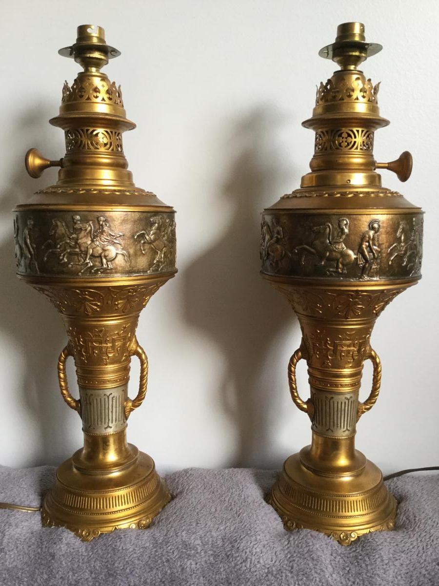 Pair Of Oil Lamps In Bronze Nineteenth, Empire / Neoclassical Style