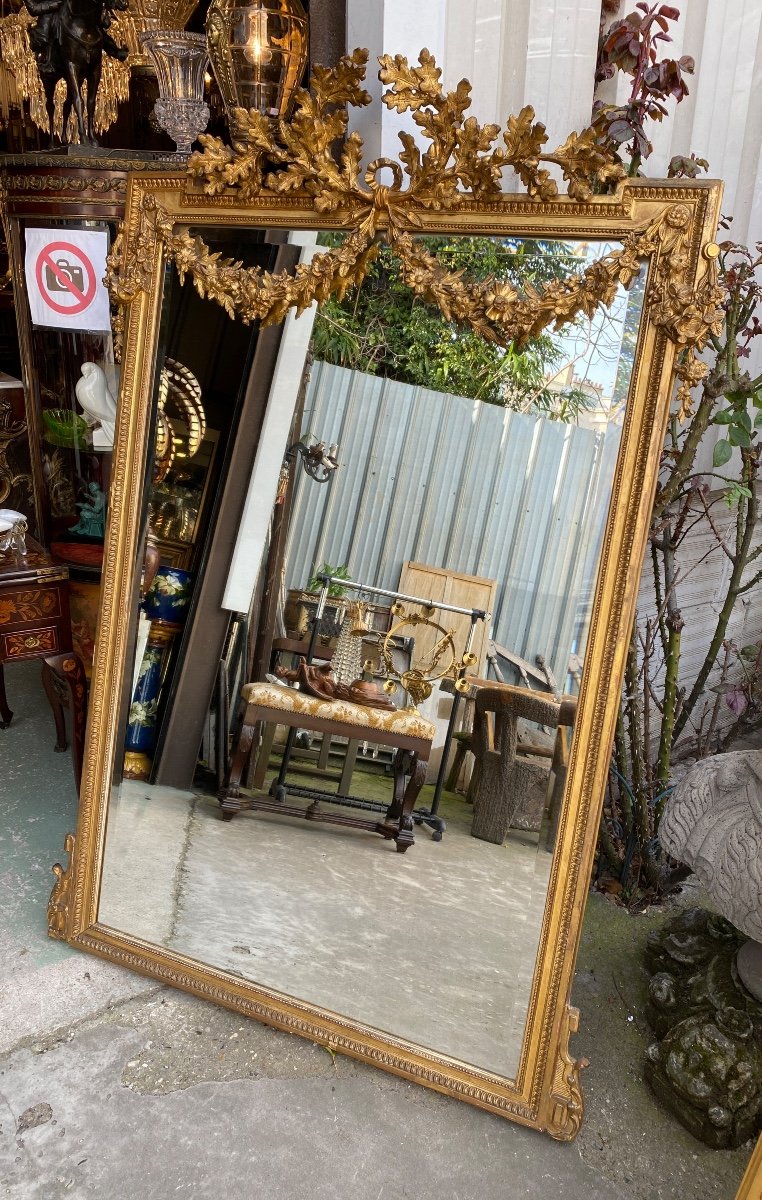 Grand Miroir Doré XIXème, De Style Louis XVI à Guirlandes de fleurs, feuilles de chêne -photo-2