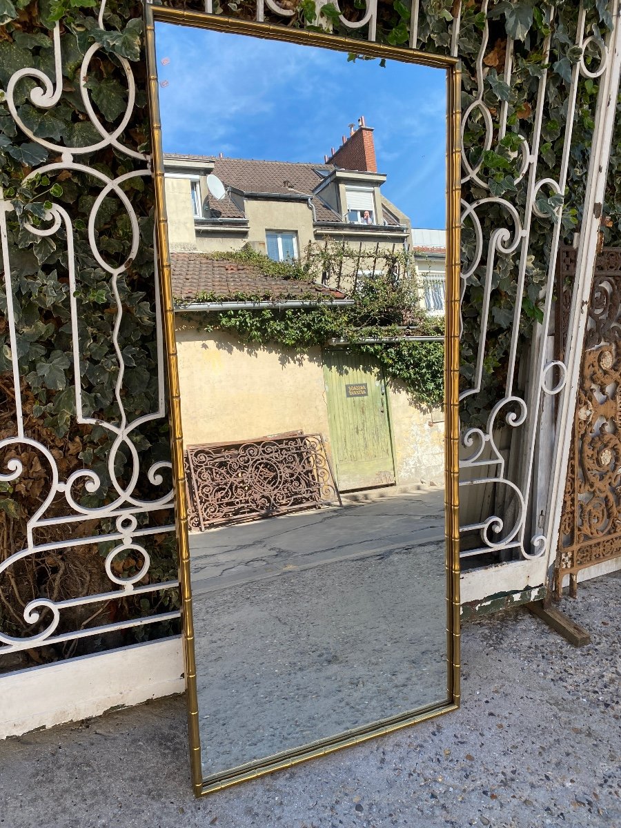 Miroir Rectangulaire En Laiton Doré Façon Bambou Dans Le Goût Baguès -photo-2