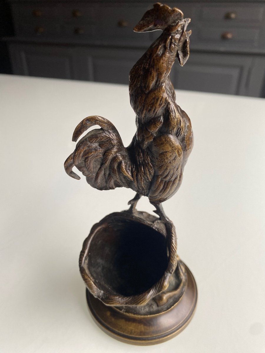 XIXth Bronze Rooster Forming A Match Holder Signed Auguste Nicolas Caïn (1821-1894)-photo-3